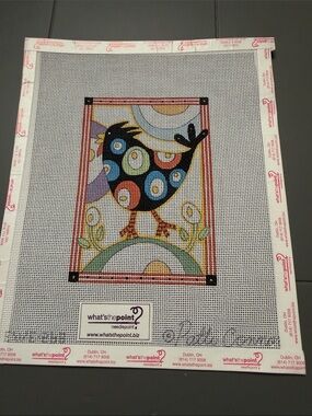 hand-painted needlepoint canvas What's the Point colorful, stylized bird. 🐈‍⬛